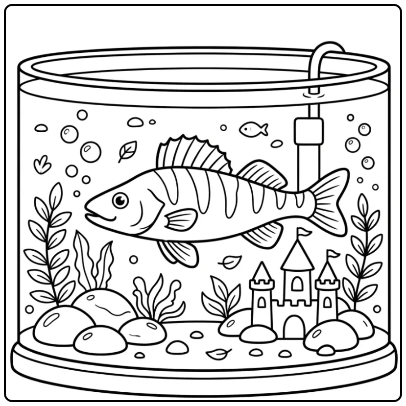 Een leuke kleurplaat snoekbaars zwemmend bij een kasteel.