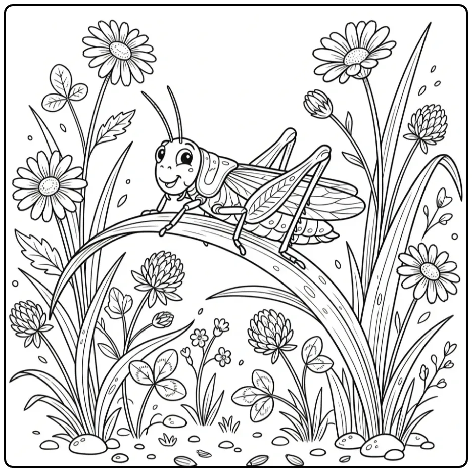 Schattige kleurplaat sprinkhaan op een grassprietje.