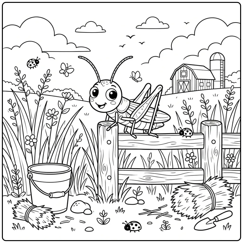 Kleurplaat sprinkhaan zittend op een hekpaal in het gras.