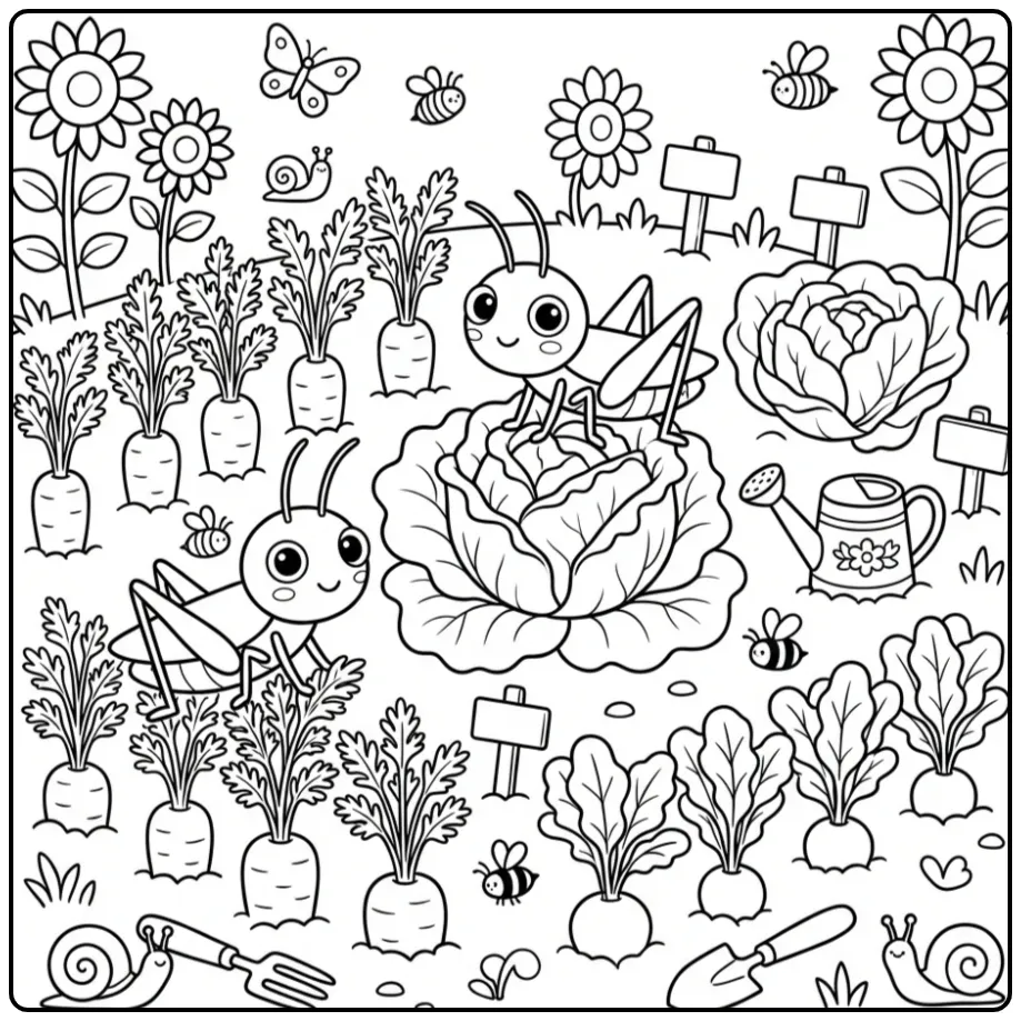 Schattige kleurplaat sprinkhaan in een moestuin met groenten