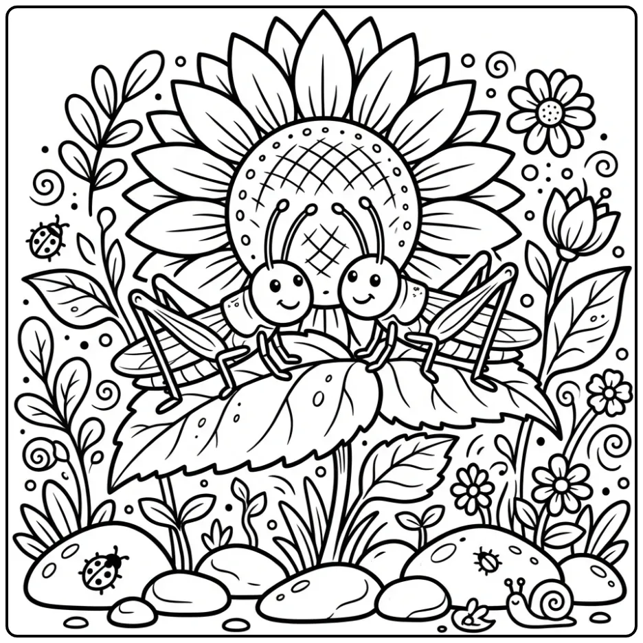 Schattige kleurplaat sprinkhaan en vriend op een blad.