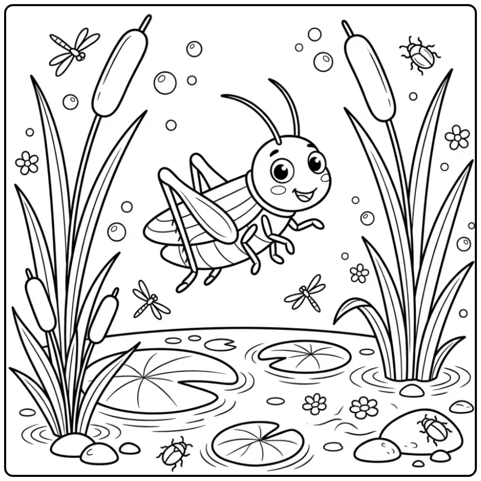 Schattige kleurplaat sprinkhaan springend bij een vijver.