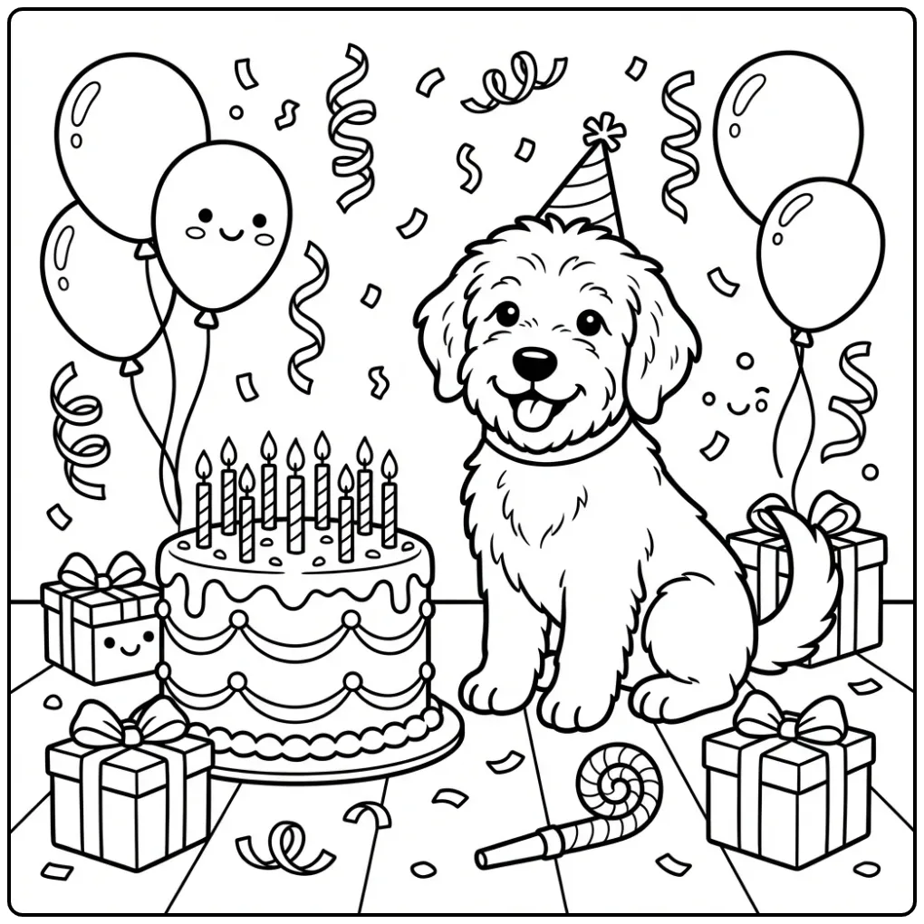 Schattige kleurplaat verjaardag hondje met ballonnen.