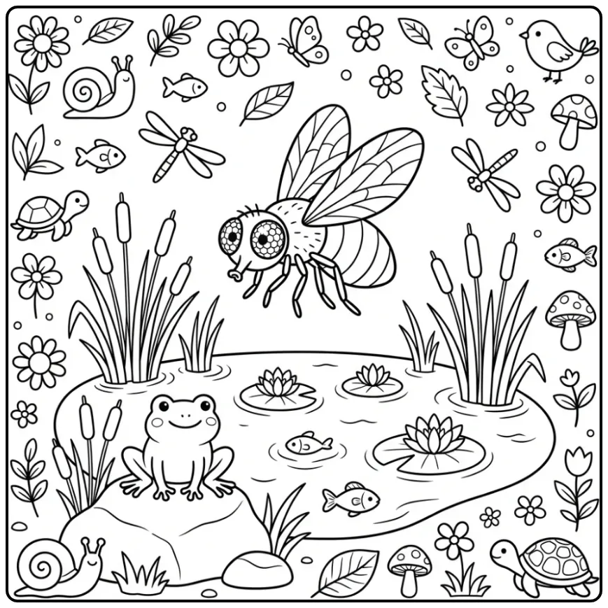 Cartoon kleurplaat vlieg zweeft boven een kikker.