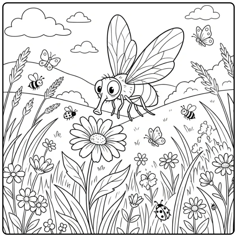 Een leuke kleurplaat vlieg zwevend boven een bloemenveld.