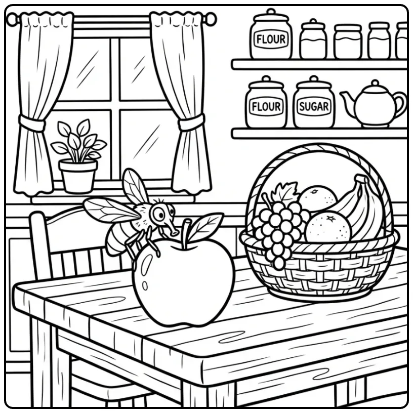 Een schattige kleurplaat vlieg op een appel in de keuken.