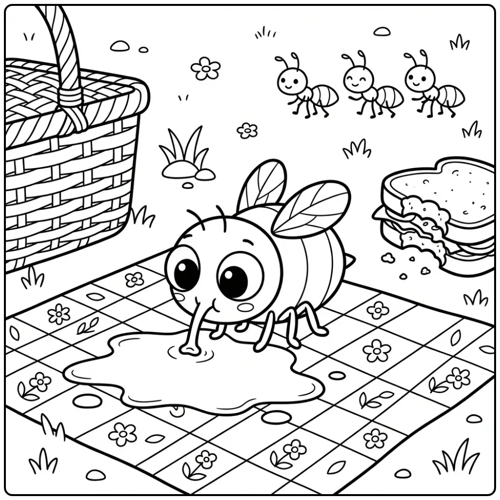 Schattige kleurplaat vlieg drinkt sap op een picknickkleed.