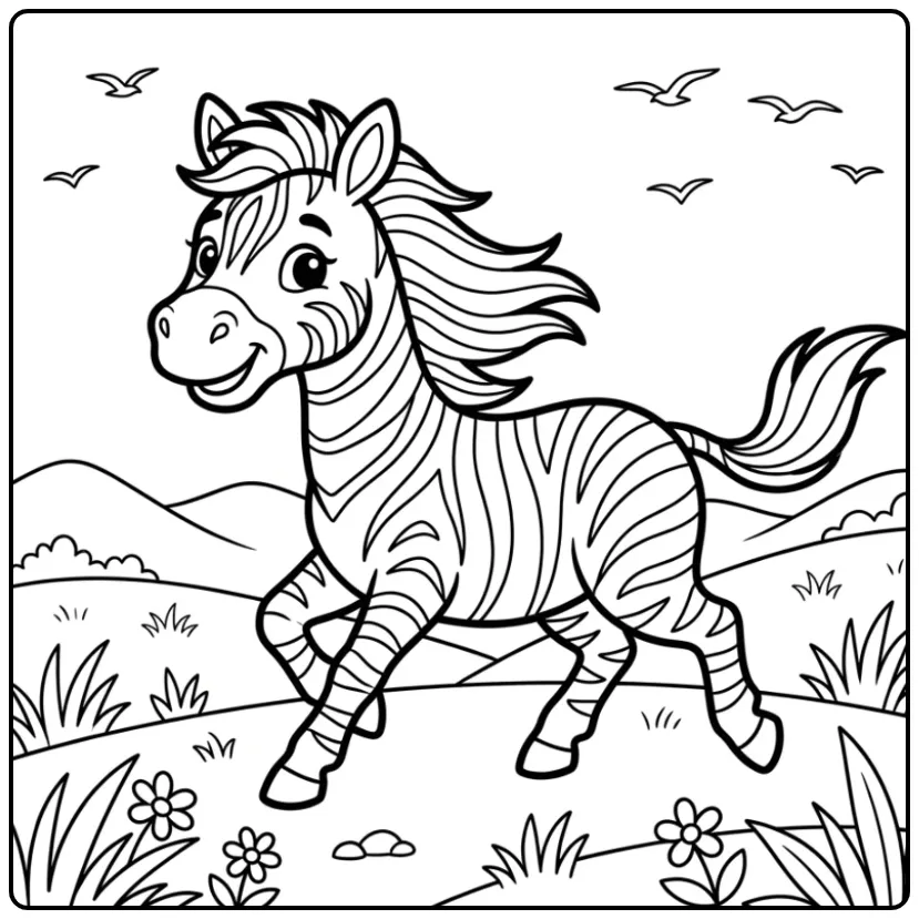 Leuke kleurplaat zebra dravend op de savanne met heuvels.