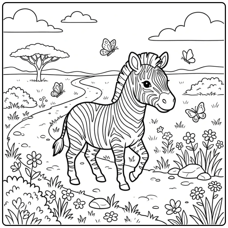 Schattige kleurplaat zebra op een savanne pad met vlinders.