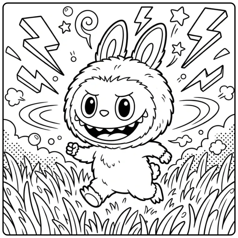 Actieve labubu big into energy kleurplaat met bliksems