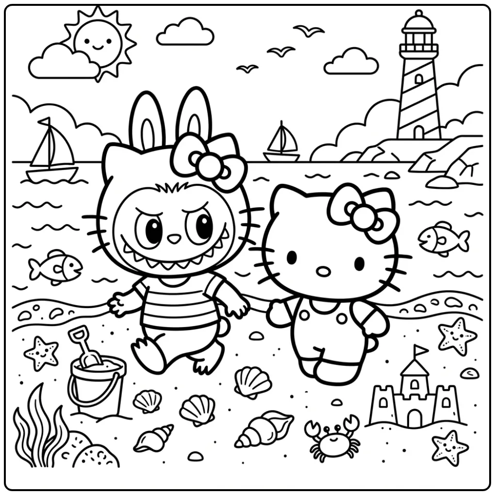 Labubu hello kitty kleurplaat: strandwandeling met schelpen.