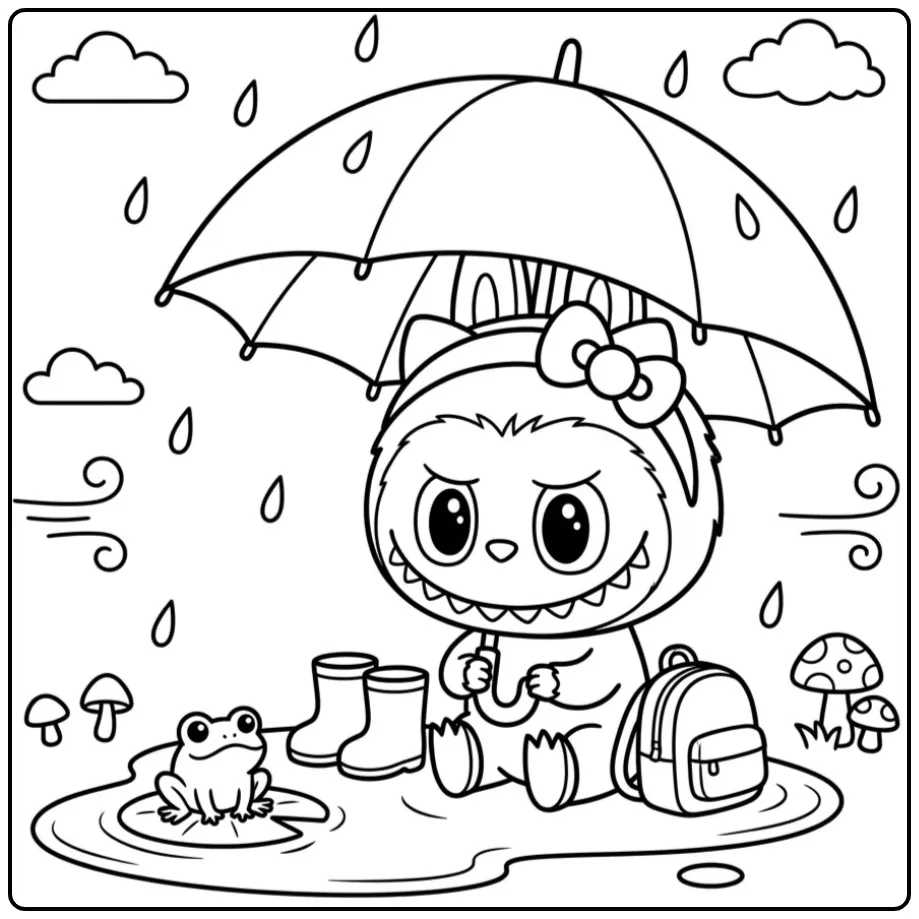 Schattige labubu hello kitty kleurplaat onder een paraplu.