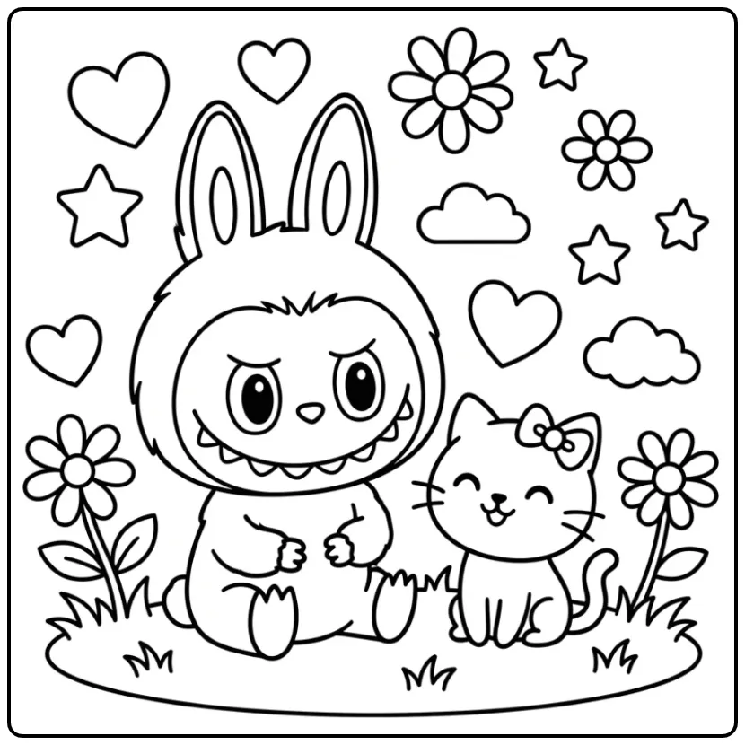 Schattige labubu hello kitty kleurplaat met sterren en hartjes.