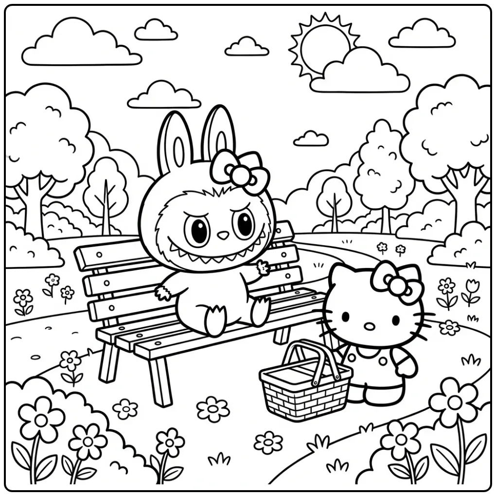 Schattige labubu hello kitty kleurplaat in een zonnig park.