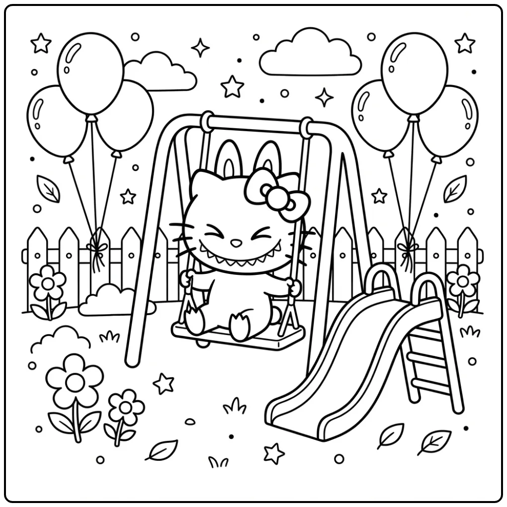 Speelse labubu hello kitty kleurplaat op de schommel.