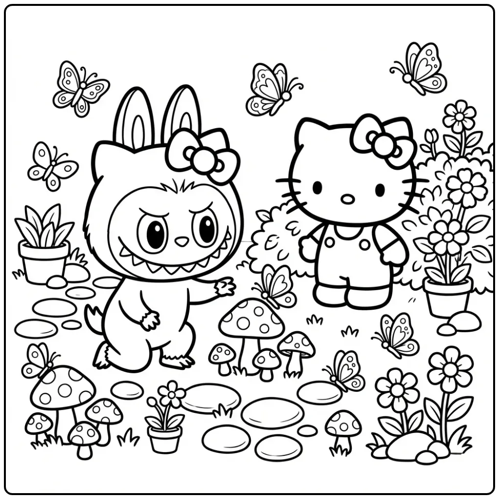 Speelse labubu hello kitty kleurplaat in een tuin vol bloemen.