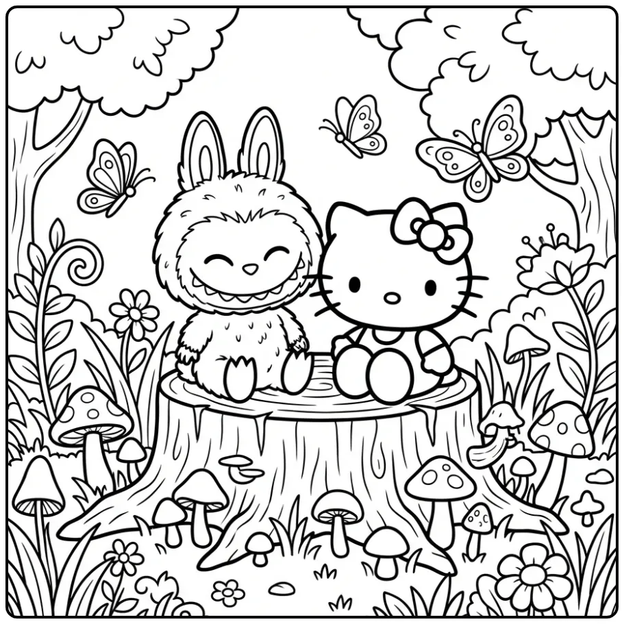 Schattige labubu hello kitty kleurplaat in het bos.