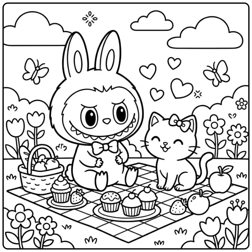 Schattige labubu hello kitty kleurplaat tijdens een picknick.
