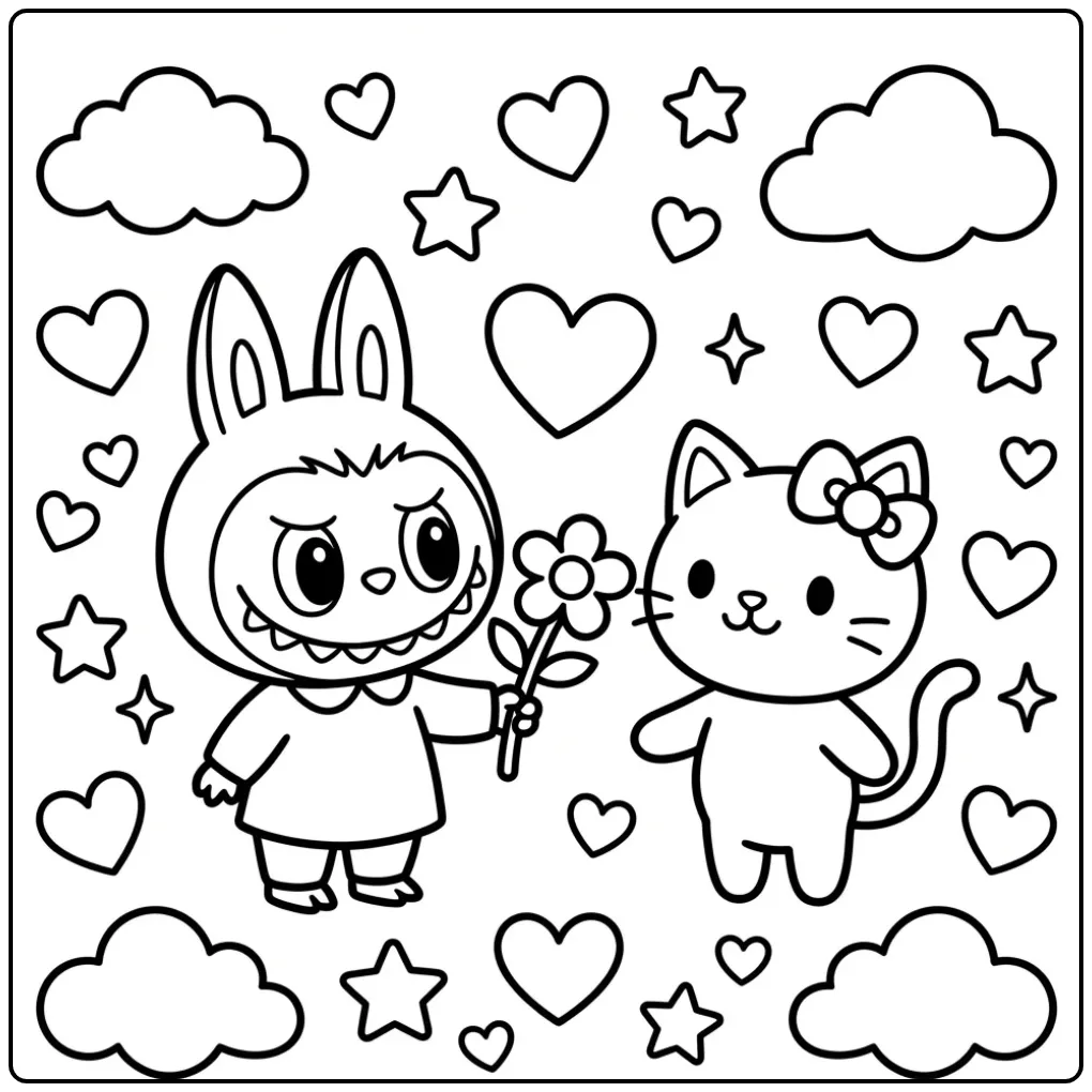 Schattige labubu hello kitty kleurplaat met een bloem.