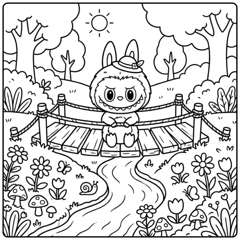Schattige labubu kleurplaat cute op een houten bruggetje.