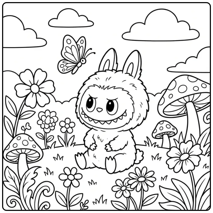 Schattige Labubu kleurplaat cute met bloemen en vlinder.