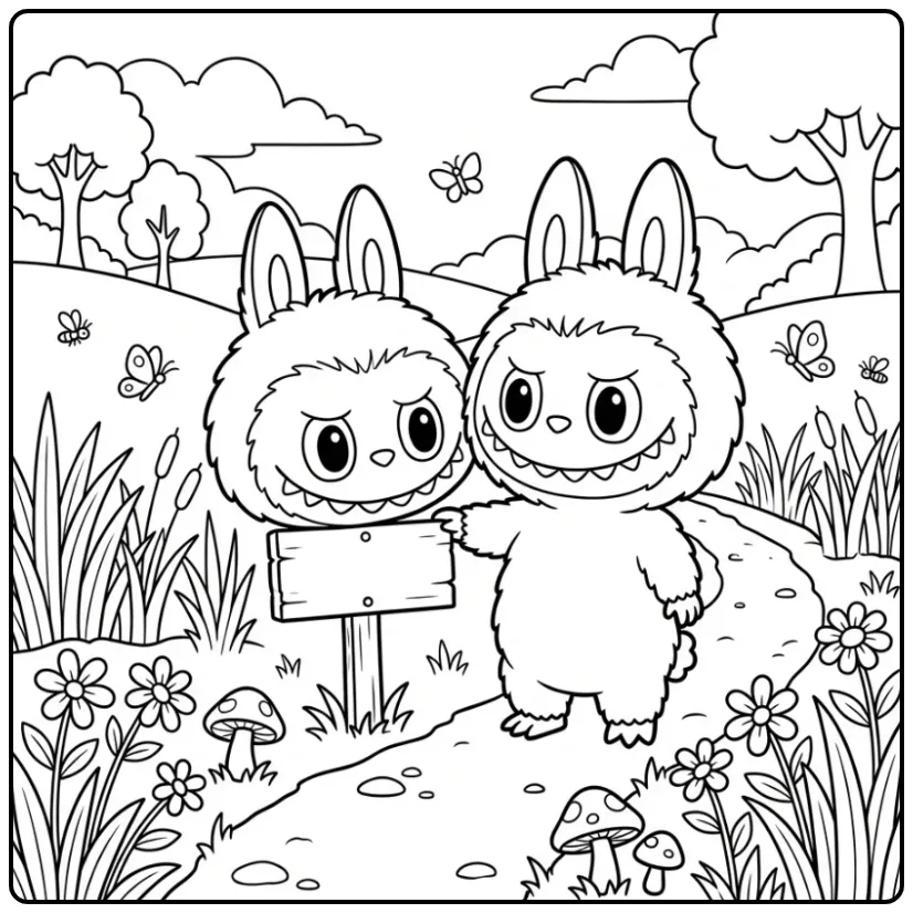 Een labubu kleurplaat cute met een pluizig figuurtje op een pad.