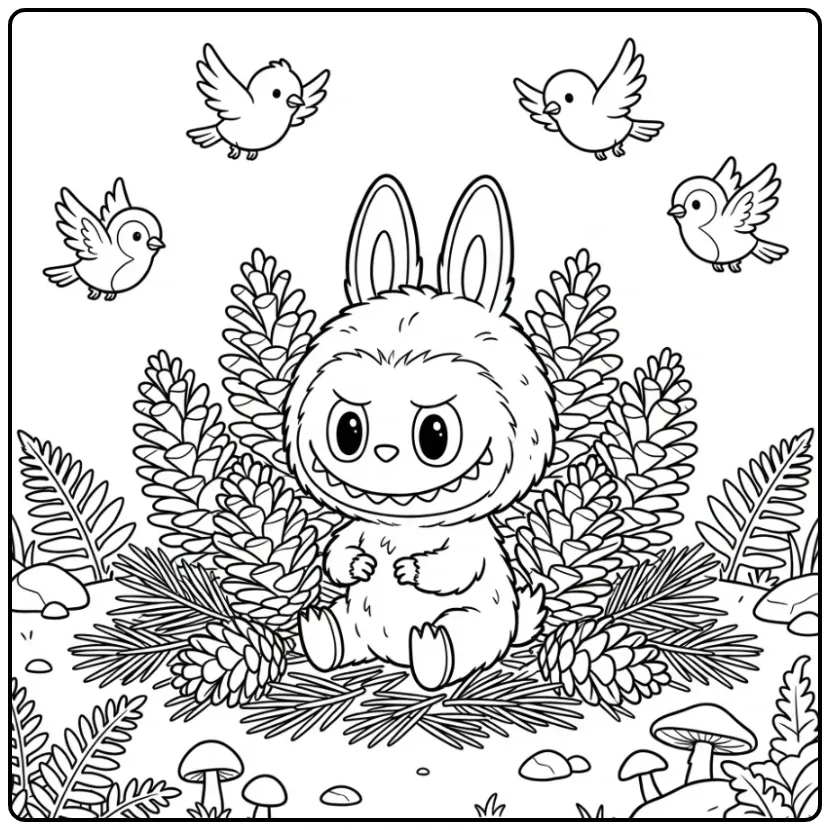 Schattige labubu kleurplaat cute zittend tussen dennenappels.