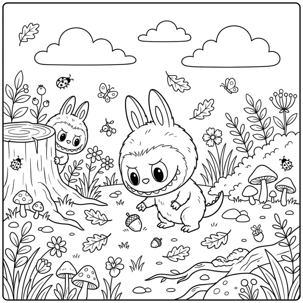 Schattige labubu kleurplaat cute ruikt aan eikel