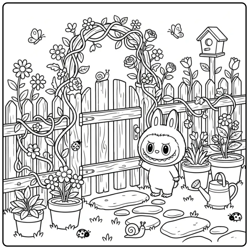 Een labubu kleurplaat cute naast een houten tuinhekje.