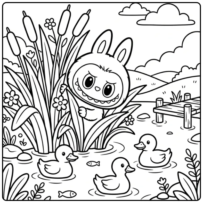 Speelse labubu kleurplaat cute tussen het riet aan het meer.