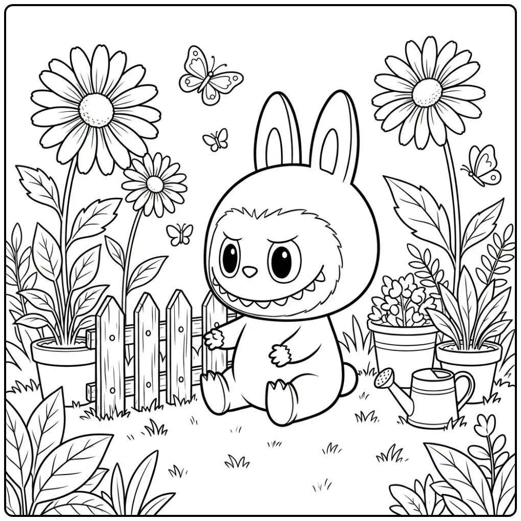 Schattige labubu kleurplaat cute zittend in de tuin.