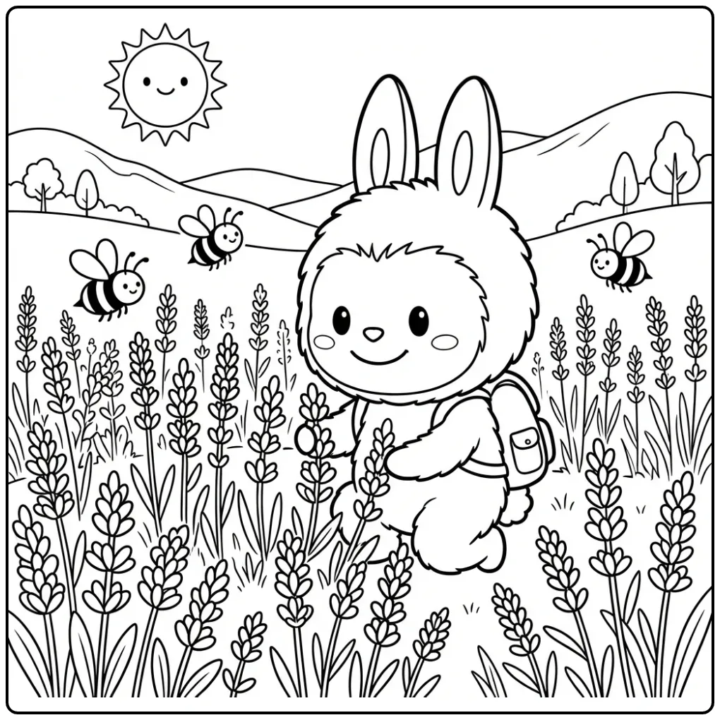 Schattige labubu kleurplaat cute tussen lavendel en bijtjes