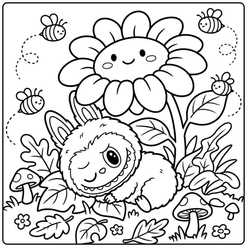 Een labubu kleurplaat cute onder een grote zonnebloem.