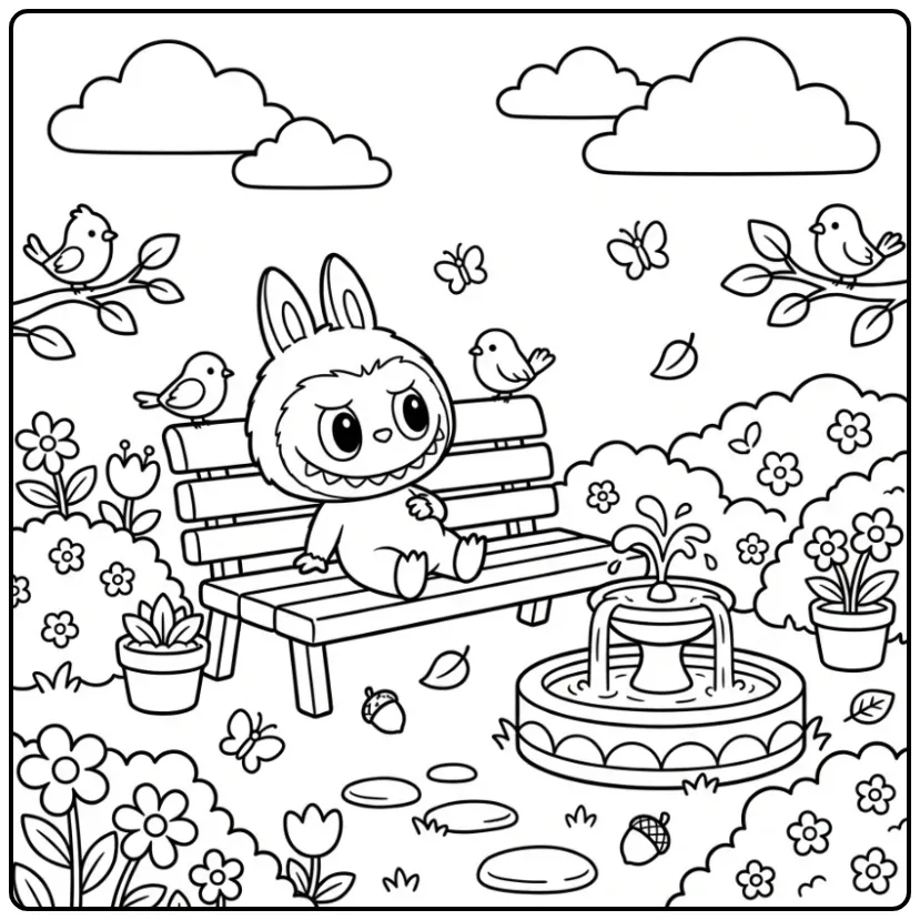 Een labubu kleurplaat have a seat op een bankje in het park.