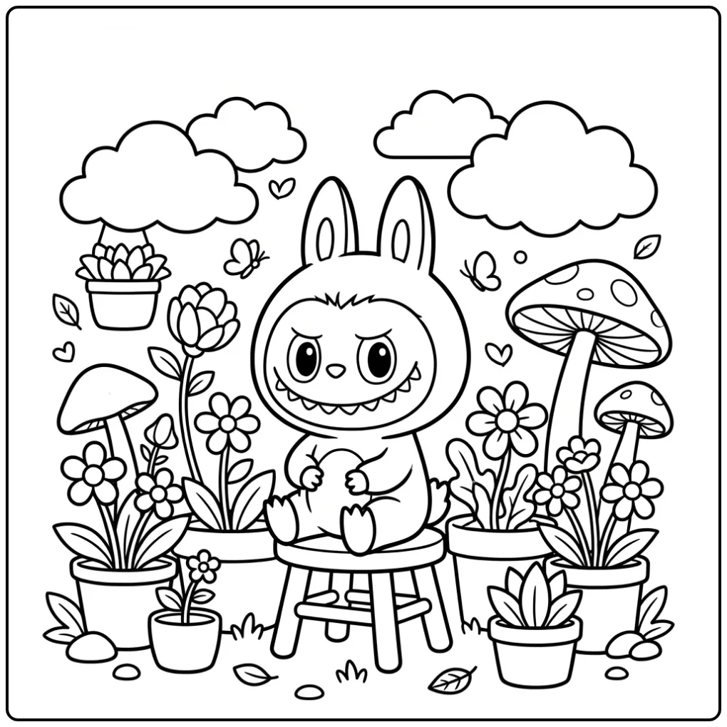 Een schattige labubu kleurplaat have a seat in de tuin.