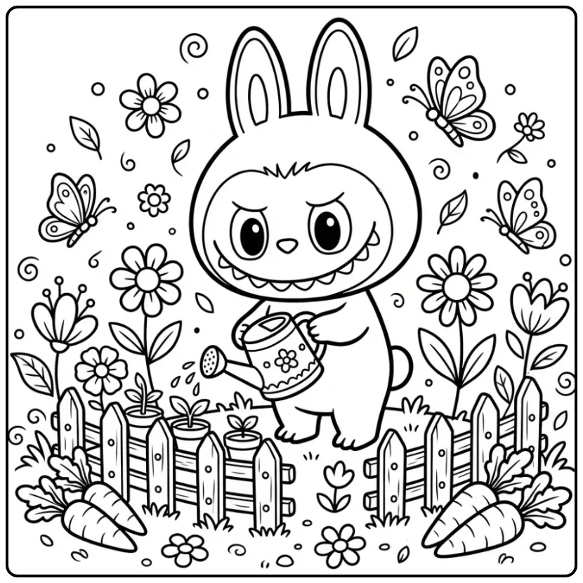 Schattige labubu kleurplaat met gieter en vlinders.