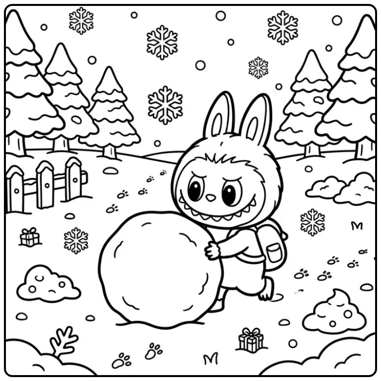 Winterse labubu kleurplaat met grote sneeuwbal en bomen.