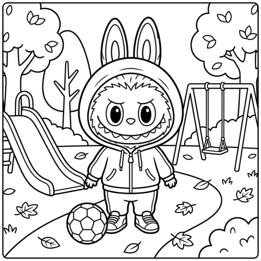 Sportieve labubu kleurplaat met kleren op de speelplaats.