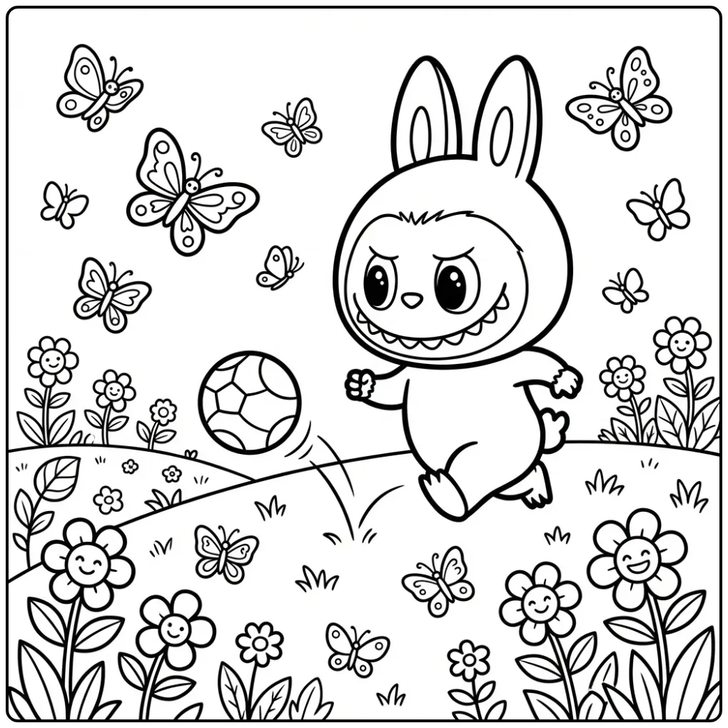 Een schattige labubu kleurplaat met bal en vlinders.