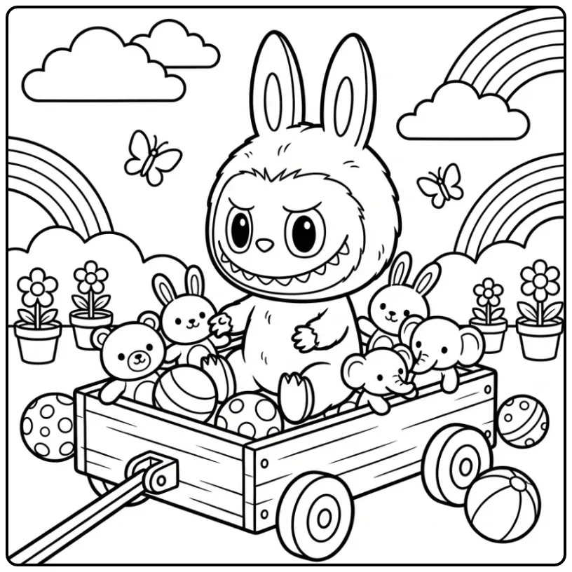 Schattige labubu pop kleurplaat met speelgoed en bloemen.