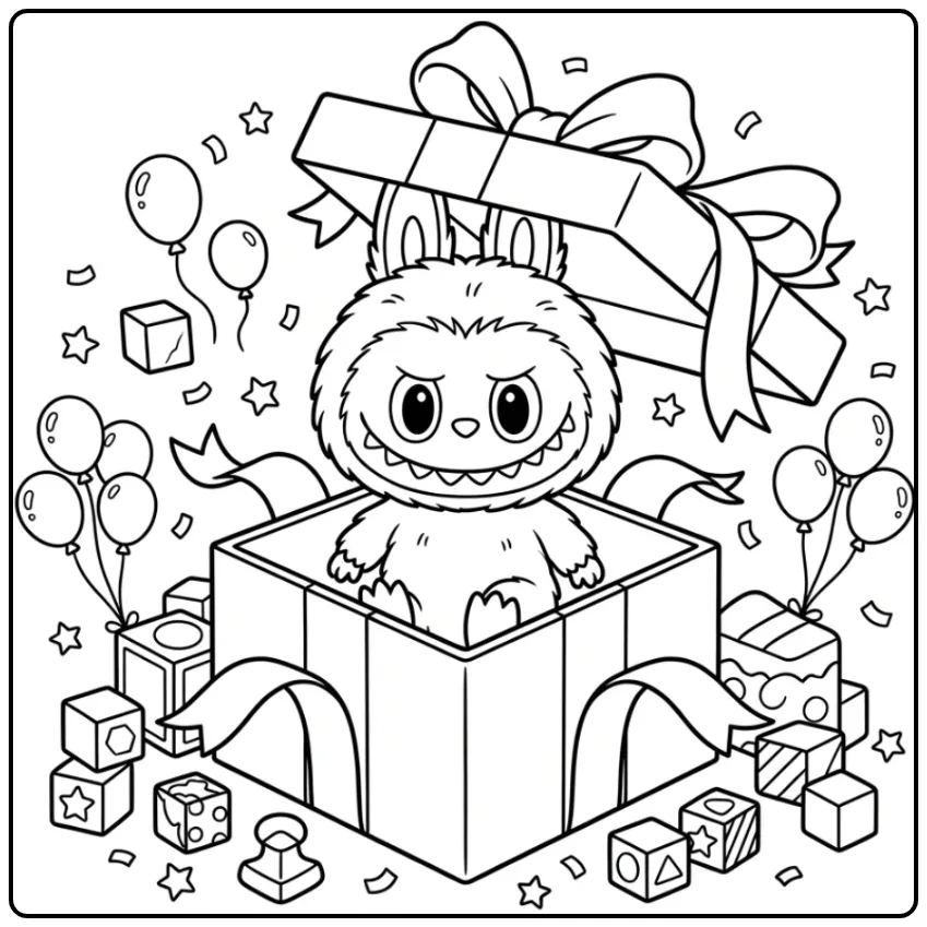 Feestelijke labubu pop kleurplaat in een cadeau met ballonnen.