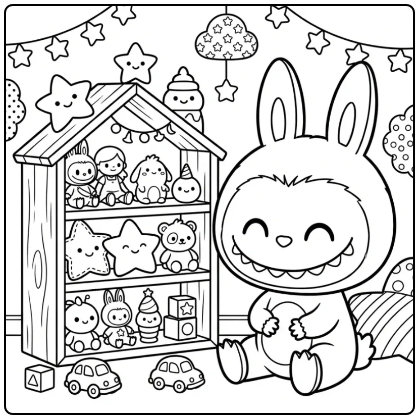 Schattige labubu pop kleurplaat bij een kast vol speelgoed.