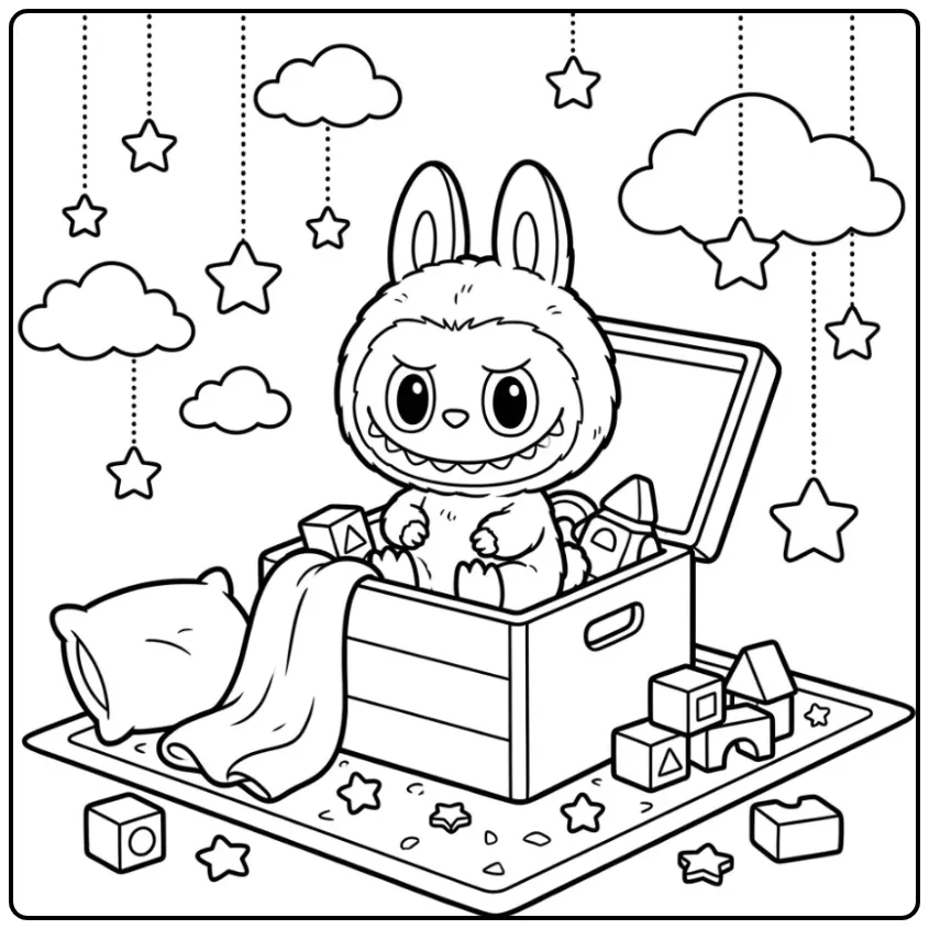 Schattige labubu pop kleurplaat in speelgoedkist met blokken.
