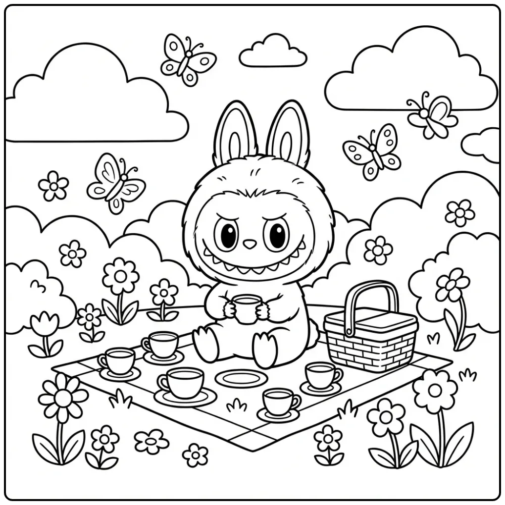 Een schattige labubu pop kleurplaat tijdens een picknick.