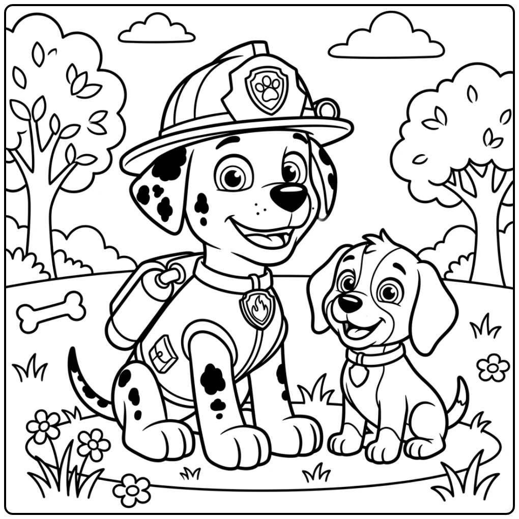 Marshall en pup, paw patrol kleurplaat makkelijk om in te kleuren.