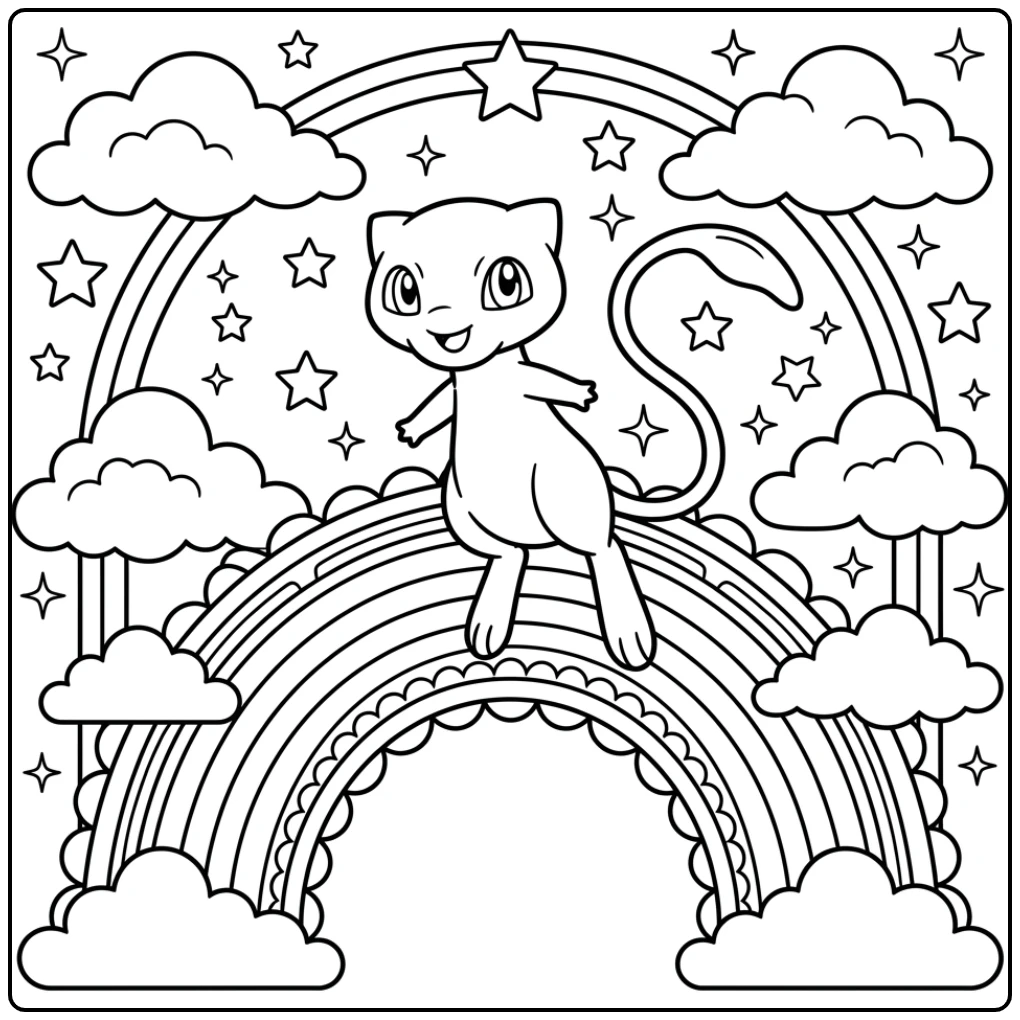 Schattige mew kleurplaat zwevend boven een mooie regenboog.