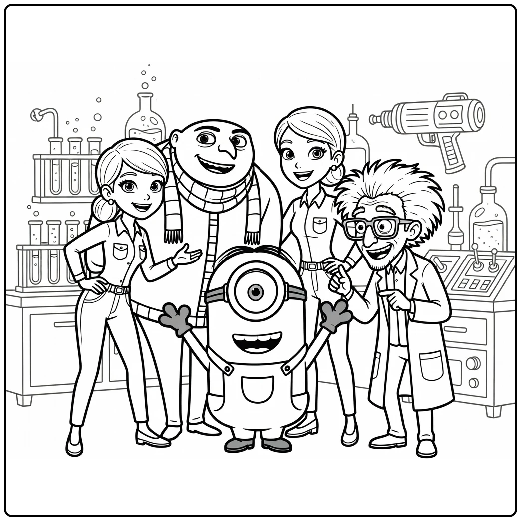Minion kleurplaat: vrolijke Minion met Gru, Lucy, Nefario