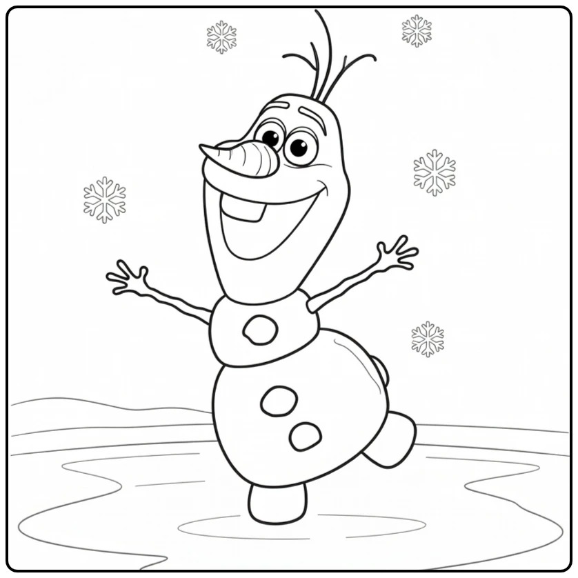 Leuke olaf kleurplaat waar hij op één voet op het ijs staat.