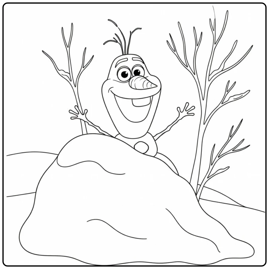 Leuke olaf kleurplaat waar hij achter een sneeuwbank glurt.