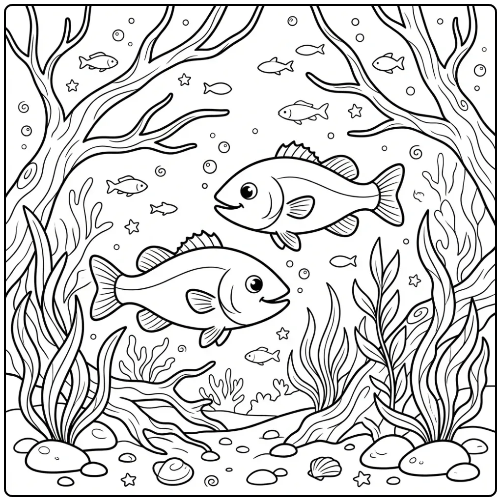 Schattige kleurplaat bas met twee zwemmende vissen.